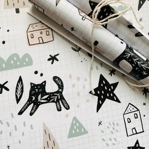 Monochrome Folk Art Cat Gift Wrap