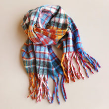 Load image into Gallery viewer, Mustard and Blue Colourful Check Winter Scarf