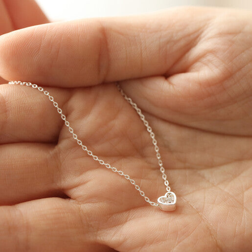 Tiny Crystal Heart Pendant Necklace in Silver