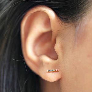Rainbow Crystal Bar Stud Earrings in Gold