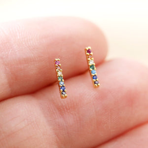 Rainbow Crystal Bar Stud Earrings in Gold