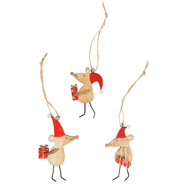 Tiny Festive Wooden Mice Hanging Decoration