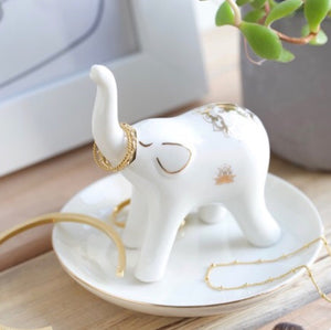 White and Gold Elephant Jewellery Dish