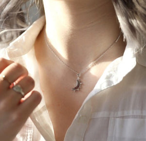 Crystal Edge Moon Pendant Necklace in Silver