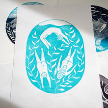 Load image into Gallery viewer, Wild Swimmers “Underwater Bliss” Lino A3 Print