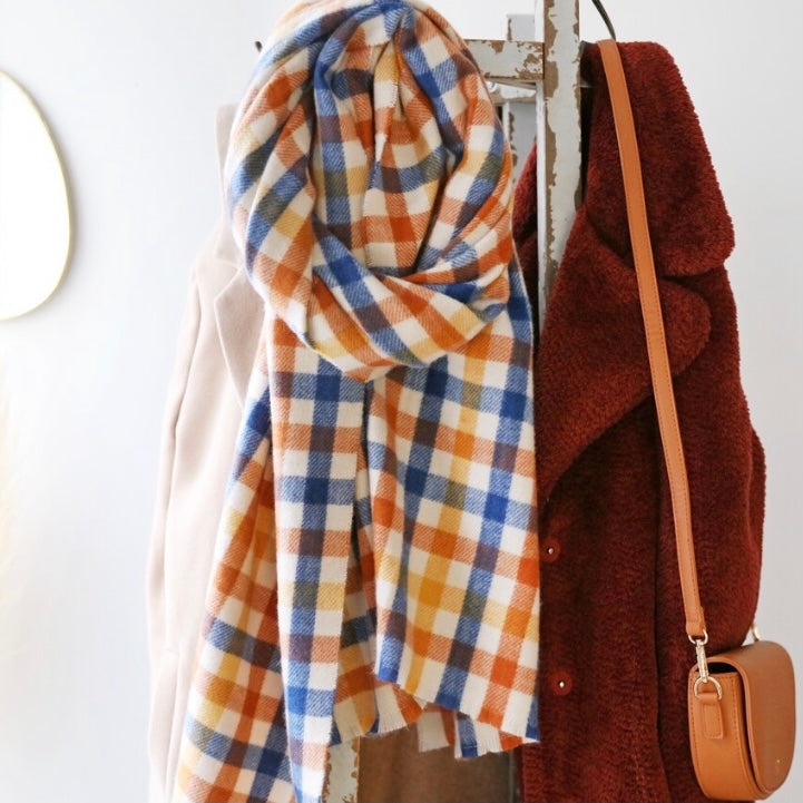 Blue and Mustard Soft Check Scarf
