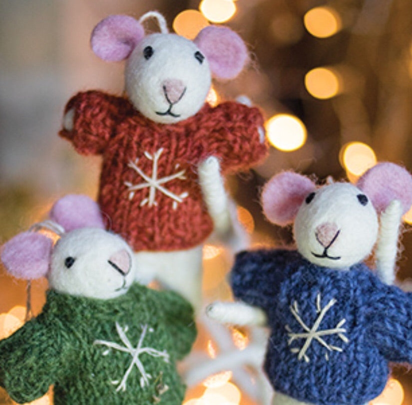 Felt Mouse with Hand Knit Snowflake Jumper