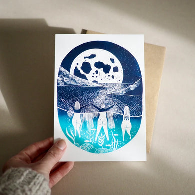 Dipping Under the Full Moon Lino Print Greetings Card