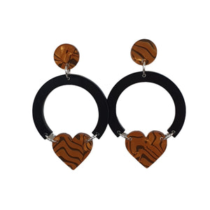 Round Heart Drop Acrylic Earrings ~ Amber Tiger