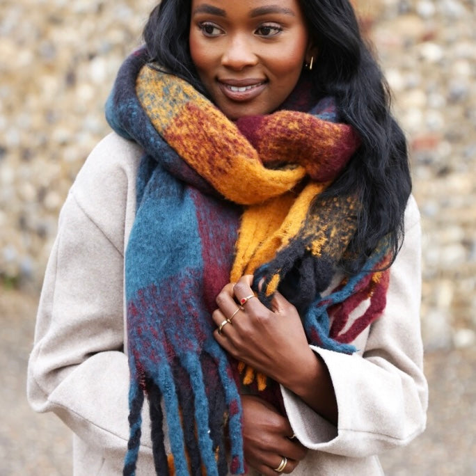 Thick Burgundy, Navy and Mustard Scarf