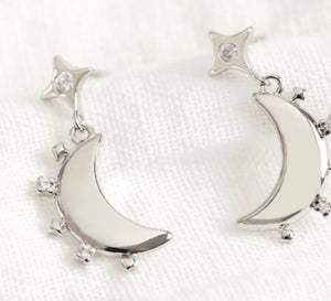 Crystal Edge Moon Drop Earrings in Silver
