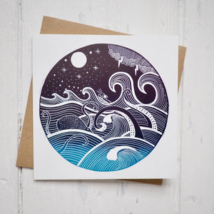 Octopus Stormy Seas Lino Print Greetings Card